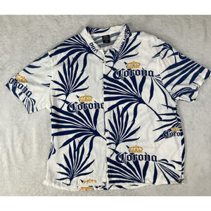 Corona Shirt Beer Bottle Tropical Blue Palms Button Up Short Sleeve 2XL Mens